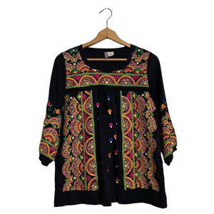 ANU Embroidered Boho Top Women’s Size S Peasant 3/4 Sleeve Black Blouse